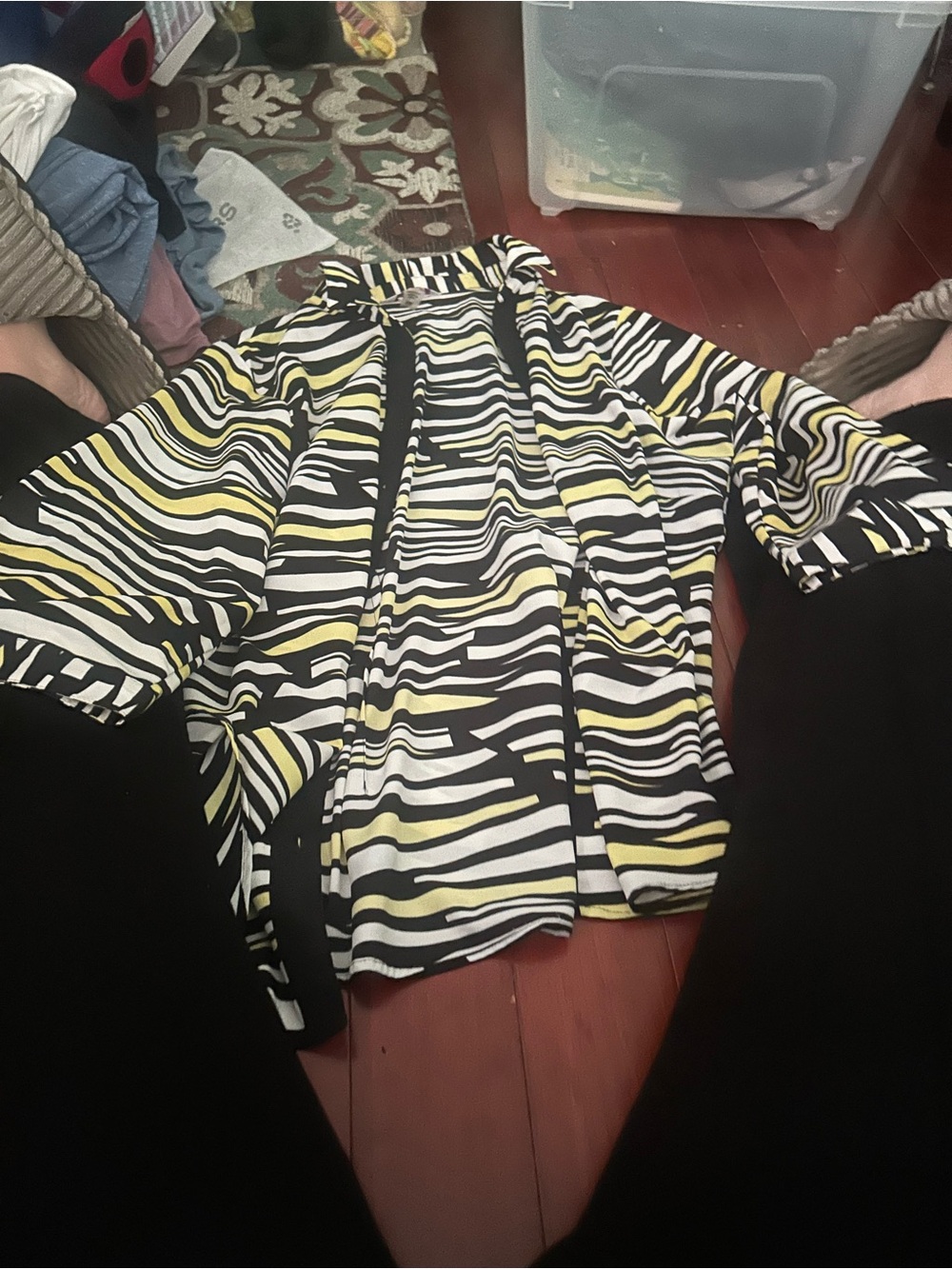 Striped Black, White & Yellow Open Front Cardigan